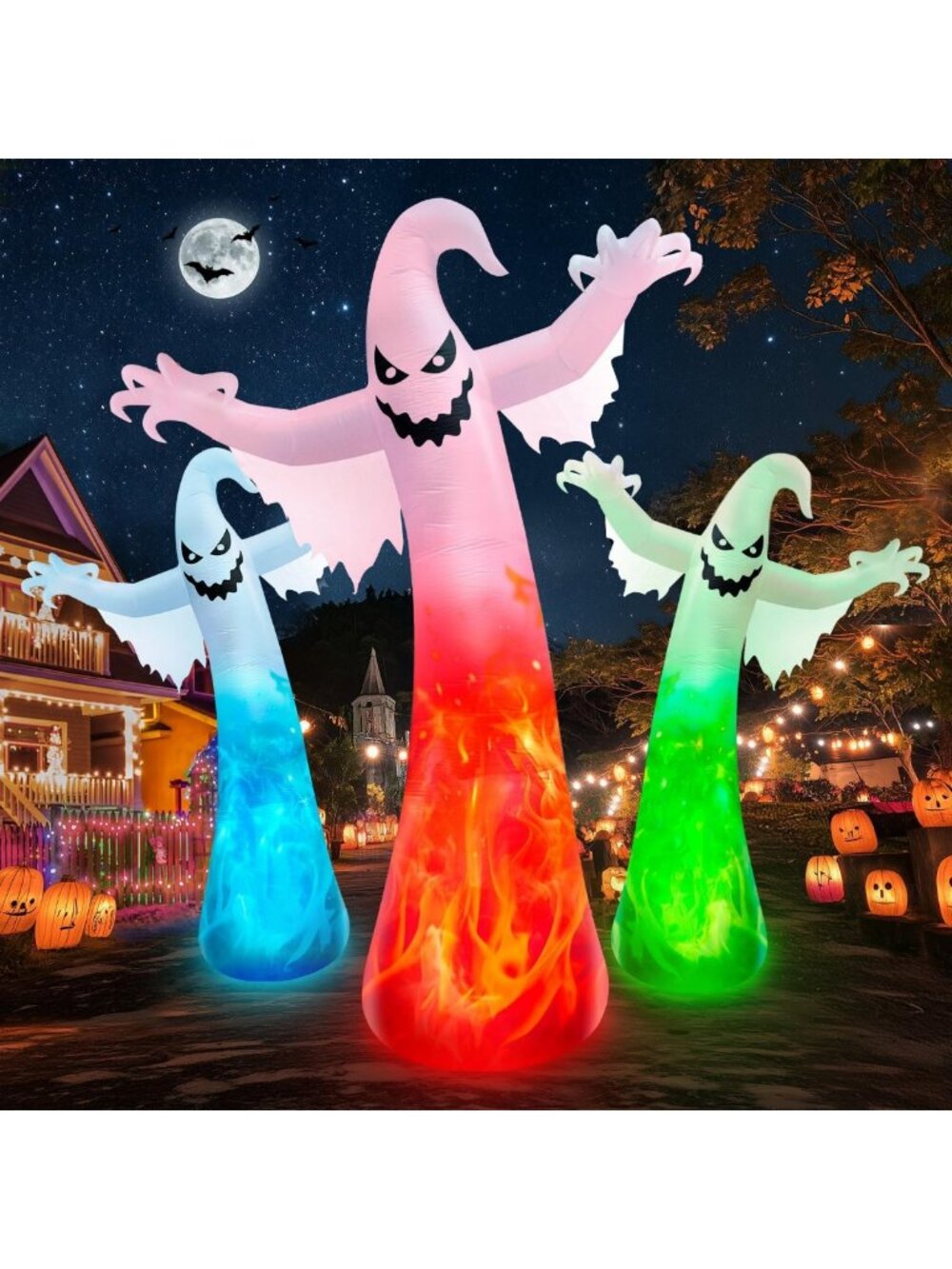 12FT Giant Halloween Inflatable Ghost with Color-Changing Flame Light Decor